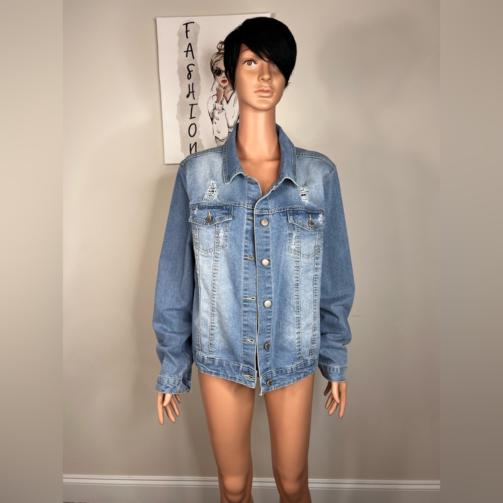 Plus Size Button Up Distress Stretchy Denim Jacket